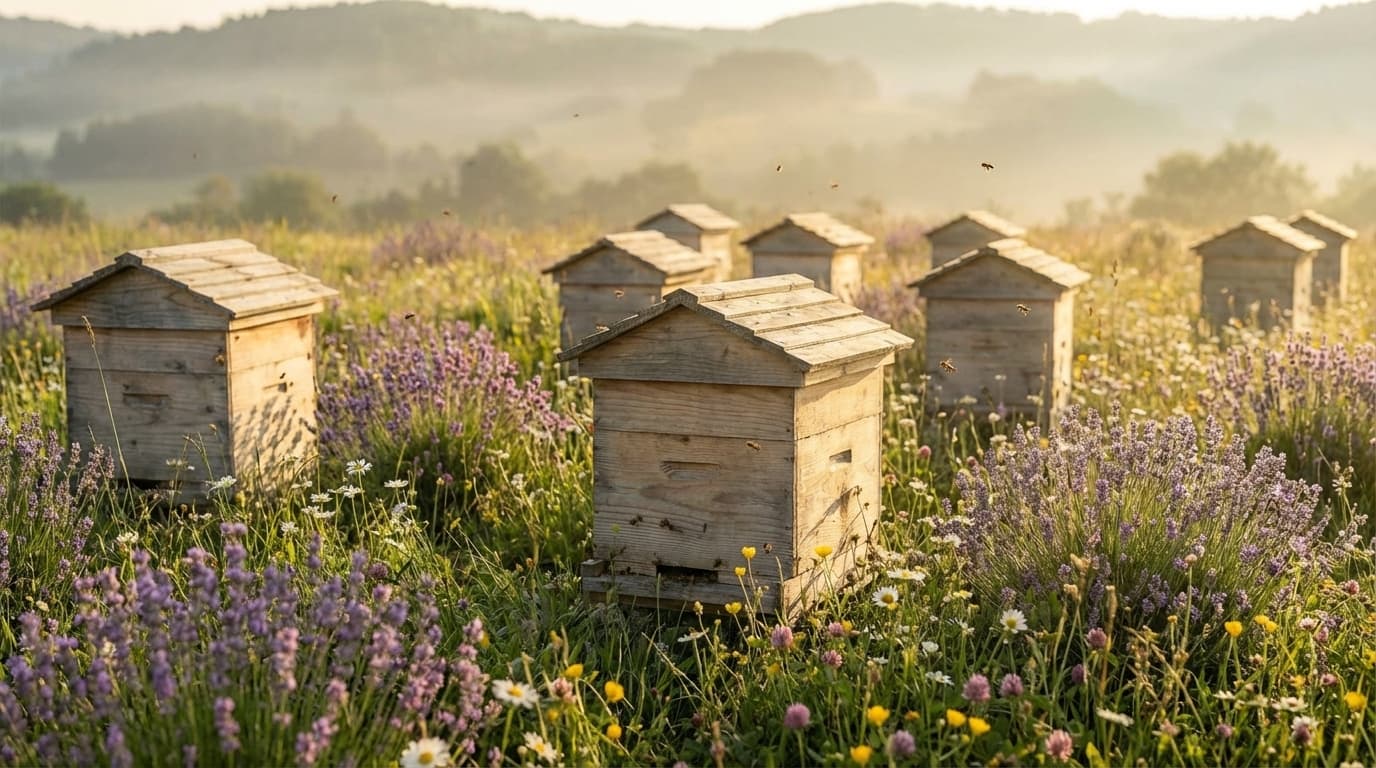 Three Honeyverse beehives in the Tuscan apiary